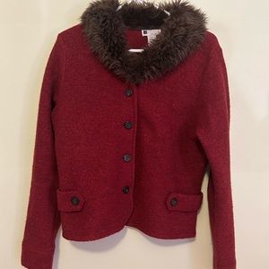 Carole Little Vintage 100% Wool Burgundy Sweater Cardigan With Faux Fur Collar